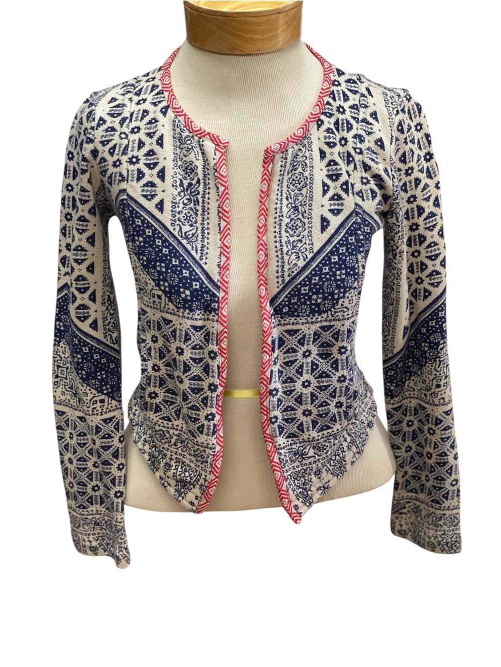 Lucky Brand Lotus Bandana Aztec Knit  Open-Front Cardigan with Coral Trim